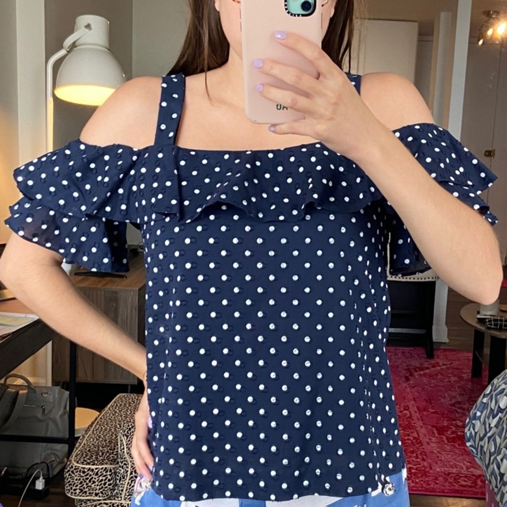 J. Crew Navy Blue Polka Dot Ruffle Top
